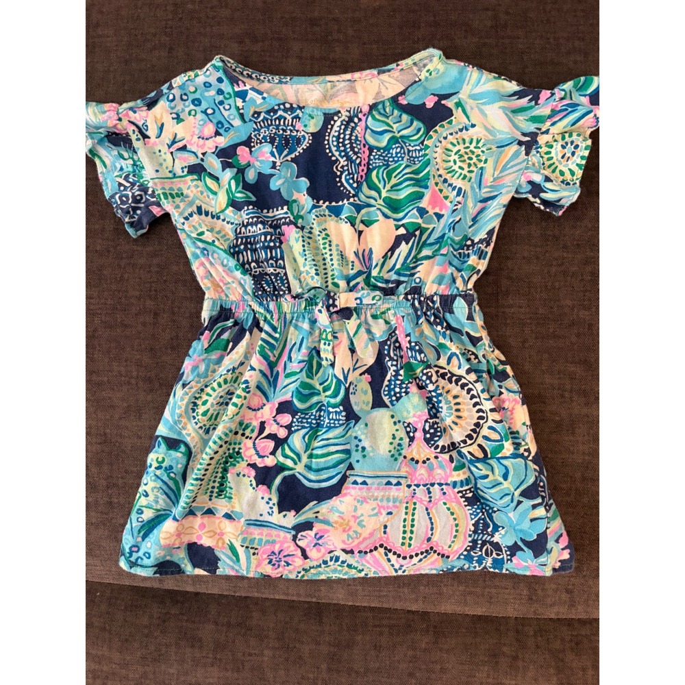 Lilly Pulitzer Girls Stasia dress Tropical Floral Flutter Sleeve Cotton  XS 2-3